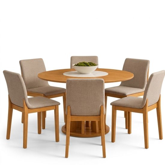 Sala de Jantar Valdemóveis Flora redonda com prato giratório 6 cadeiras Bella, Cinamomo  