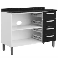 Armário Balcão Triplo Bertolini Evidence Aço 2 portas 4 gavetas com tampo - Branco/Preto