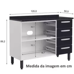 Armário Balcão Triplo Bertolini Evidence Aço 2 portas 4 gavetas com tampo - Branco/Preto