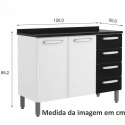 Armário Balcão Triplo Bertolini Evidence Aço 2 portas 4 gavetas com tampo - Branco/Preto